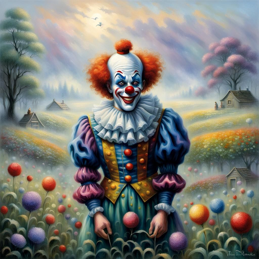 Ethereal Clown in Misty Field, Hyperdetailed