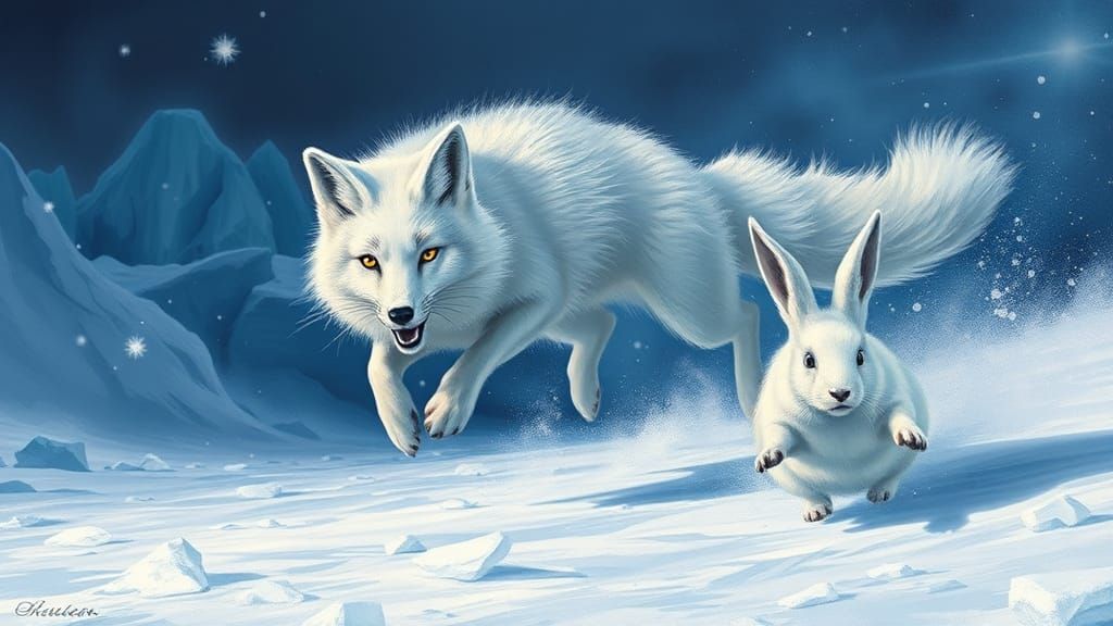 Arctic Fox Chasing Hare in Icy Landscape