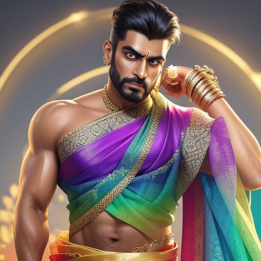Majestic Muscle Man in Saree: Vibrant Digital Art