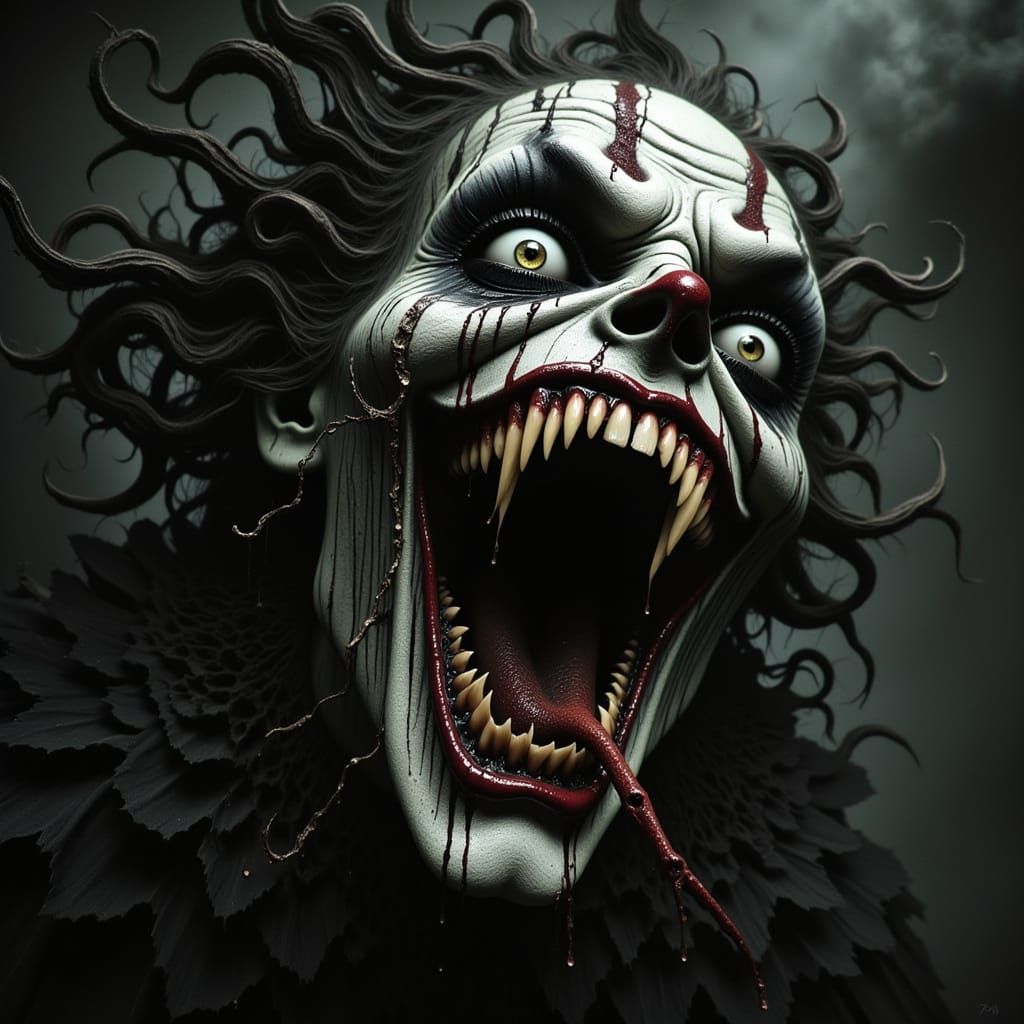Disturbing Demon Clown Face in Dark Surreal Landscape