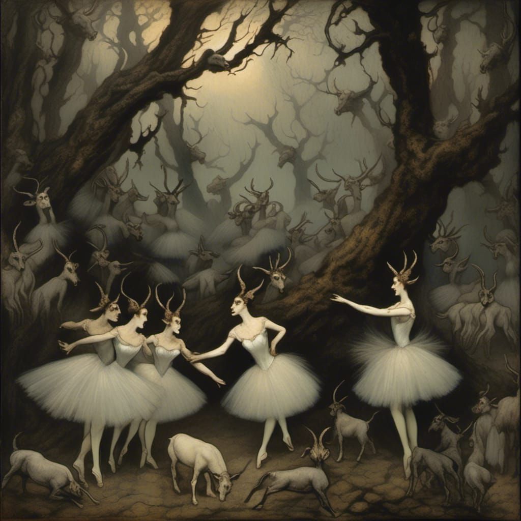Macabre Ballet Dancers and Goats in Eerie Forest