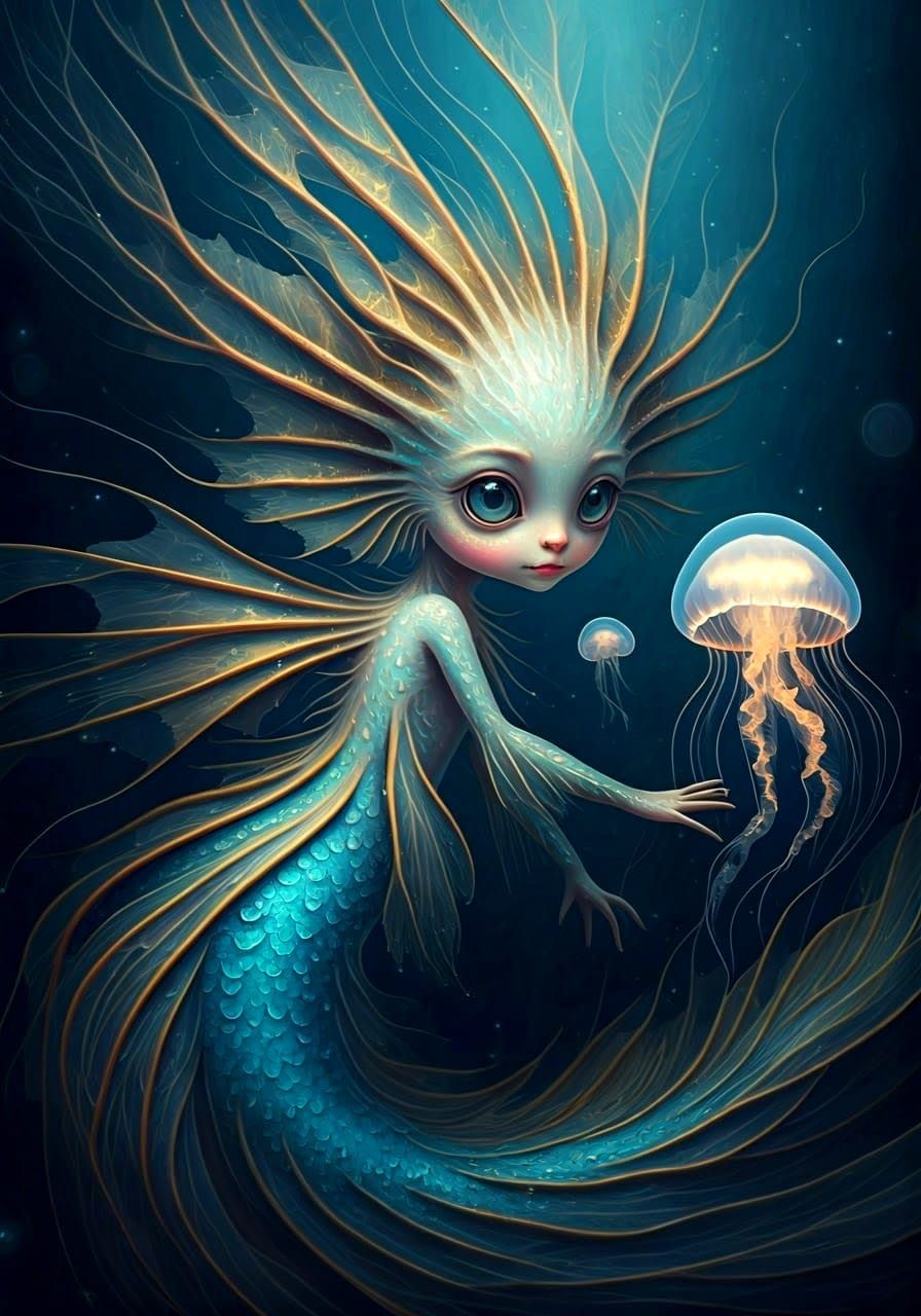 Magical Mermaid Plays with Jellyfish in Vibrant Triadic Colo...
