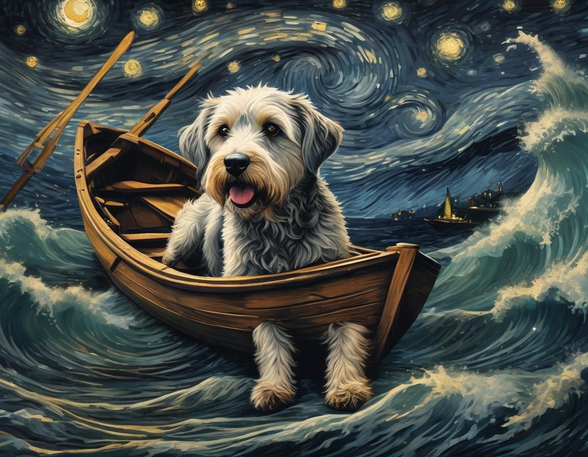Dog on Stormy Sea, Starry Night Impasto Style