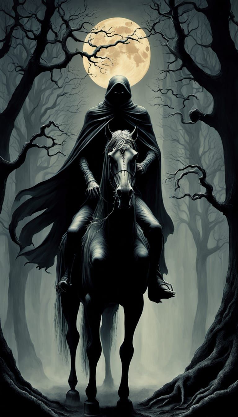 The Headless Horseman Rides Through a Dark, Gothic Forest