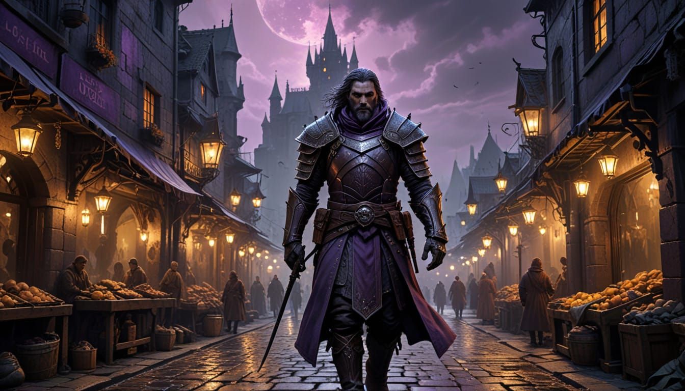 Warrior Amidst Medieval Market Shadows