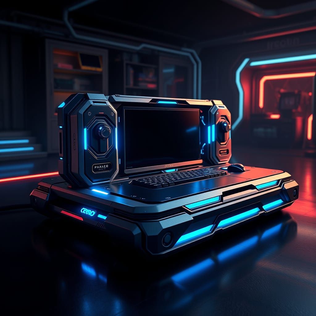 Sleek Metallic Gaming Console in a Cyberpunk Laboratory