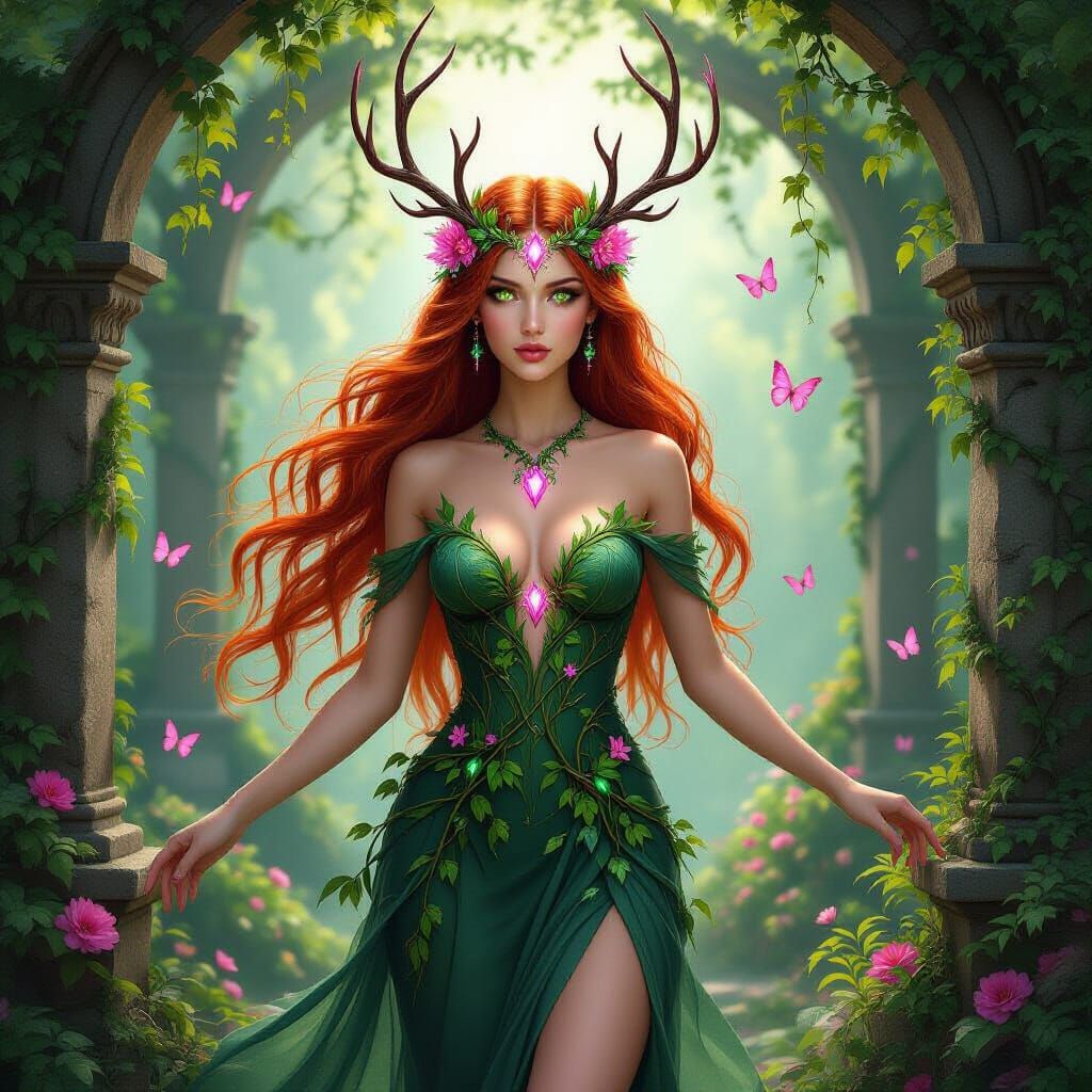 Ethereal Forest Nymph in Enchanted Garden Digital Painting