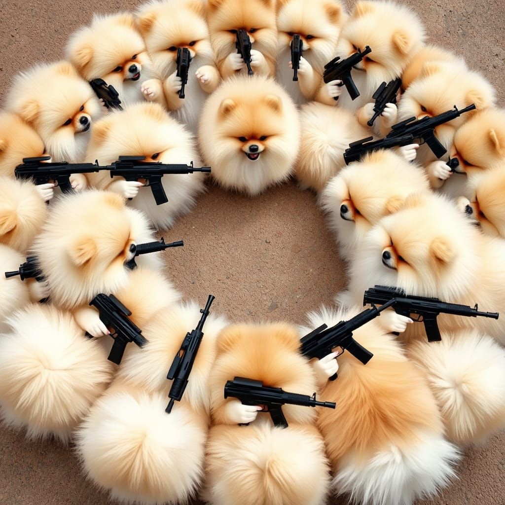 Pomeranians in a Circle, Armed and Ready for Battle