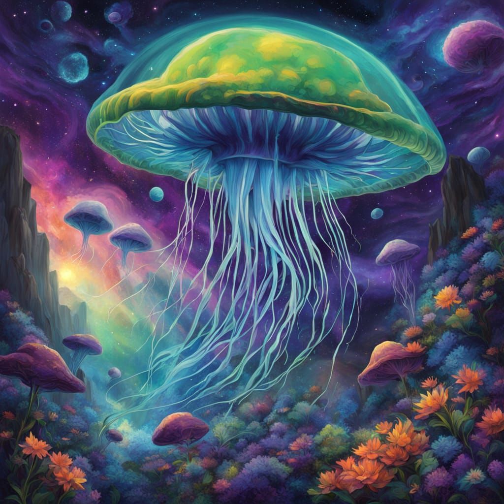 Cosmic Jellyfish Drifting Through Nebula in Surreal Style