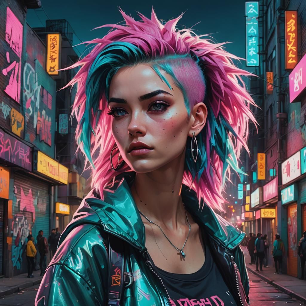 Urban Woman with Spiky Hair in Neon Cityscape