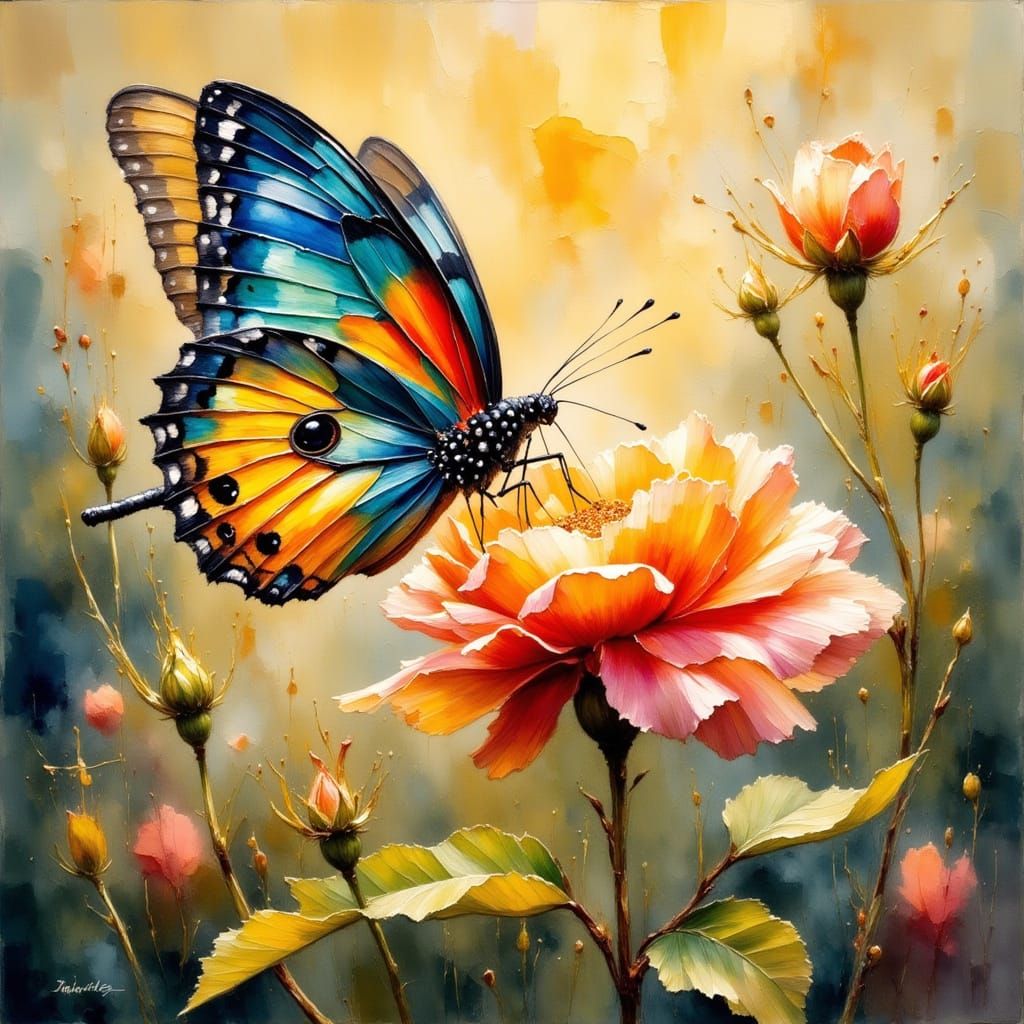 Iridescent Butterfly on Rose in Watercolor Style