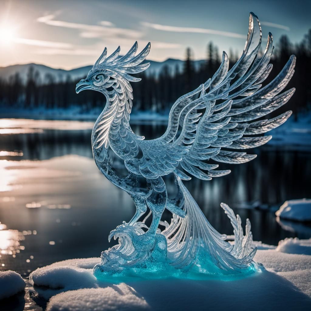 Neon Ice Phoenix Sculpture in Frozen Tundra