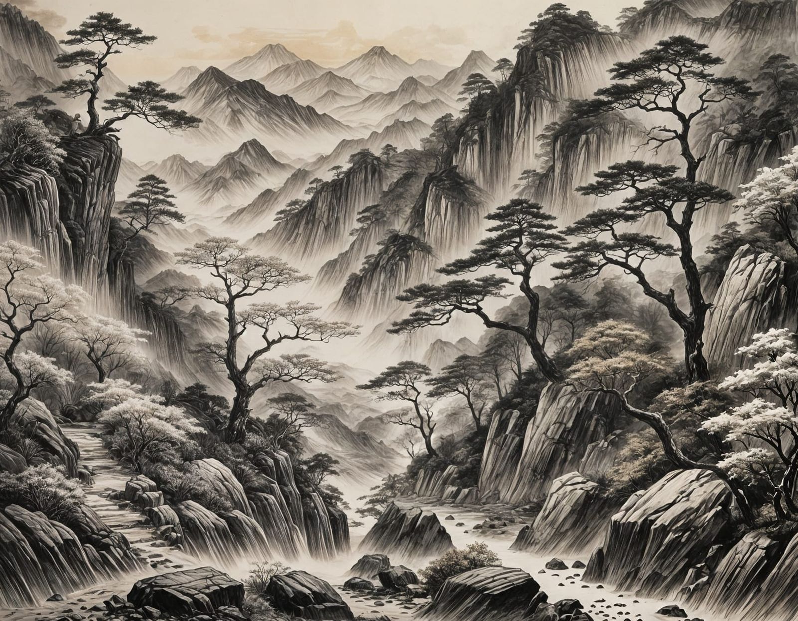 Asian Mountainside Ink and Pencil Sketch