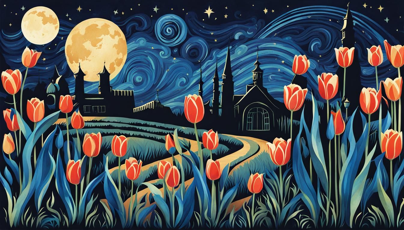 Blue Tulips Poster in Whimsical Typographic Style