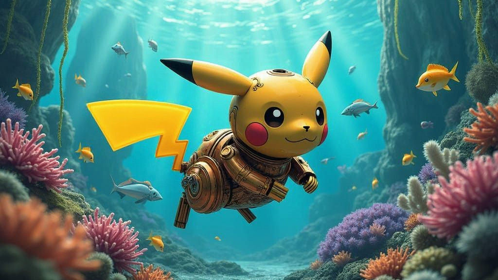 Steampunk Robot Pikachu Dives Through Enchanted Coral Reef