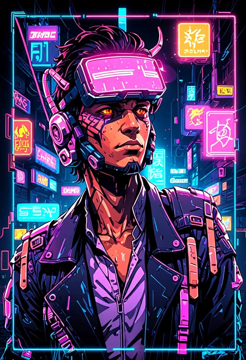 Cyberpunk Demon Slayer in Neon Retro Futuristic Attire