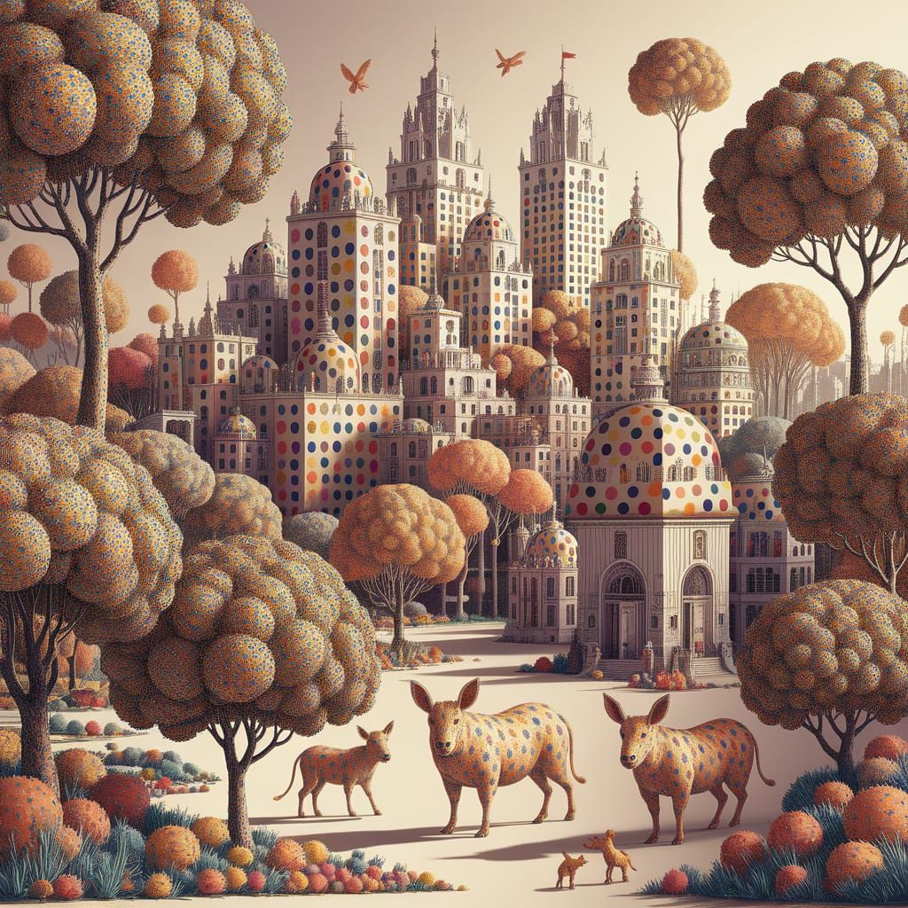 Polka Dot Cityscape as Surreal Ink Painting