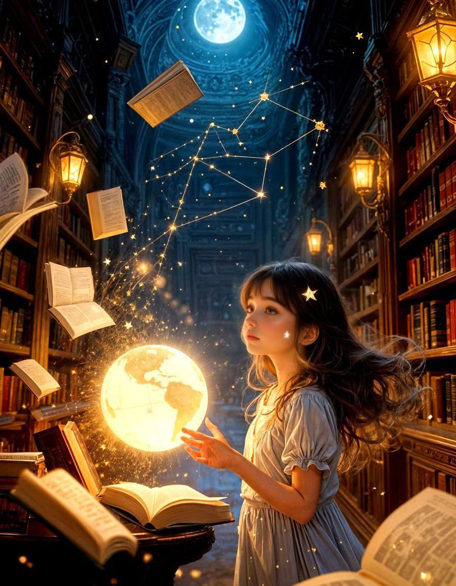 Dreamy Girl Touches Glowing Globe in Infinite Library