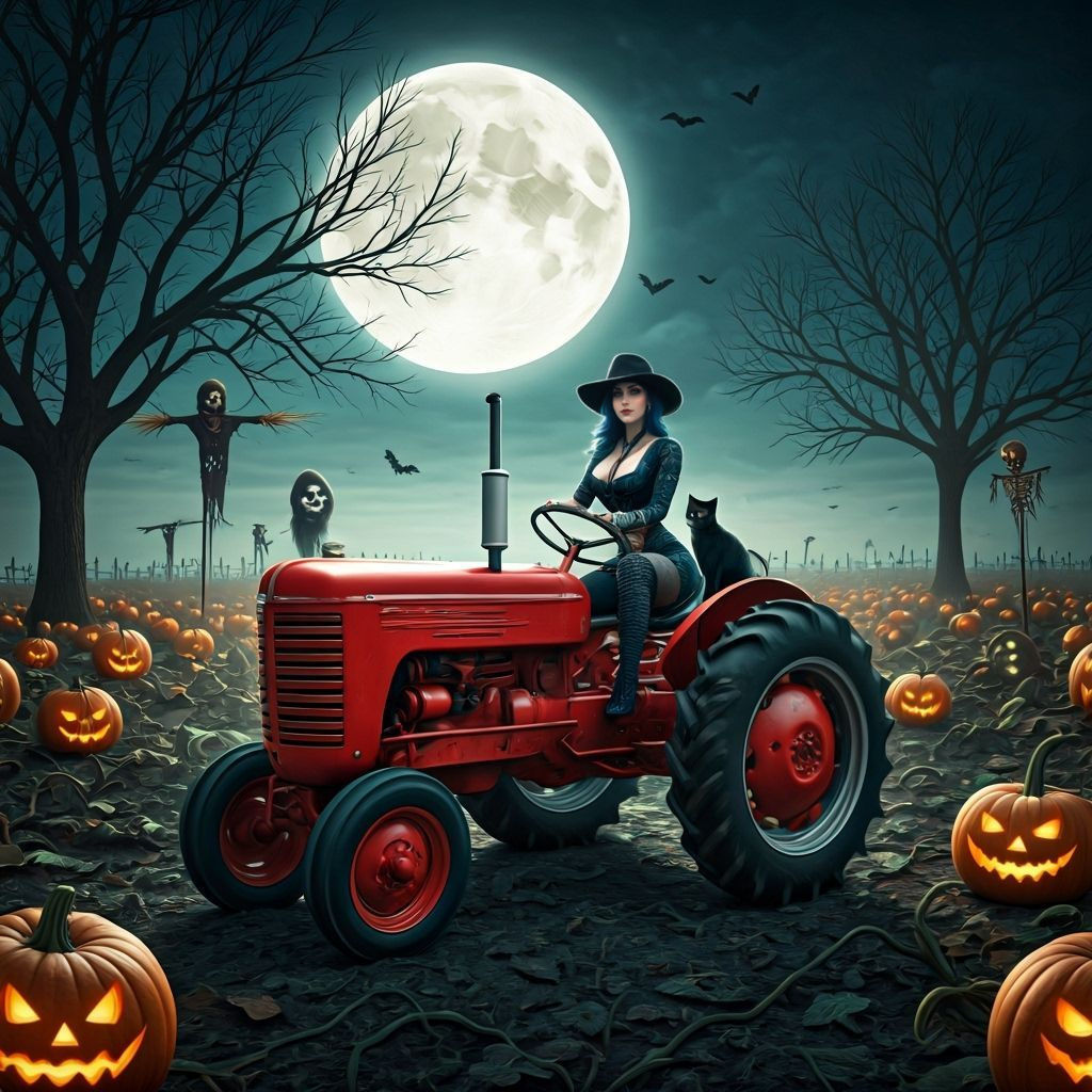 Goth Woman Rides Tractor in Spooky Pumpkin Patch