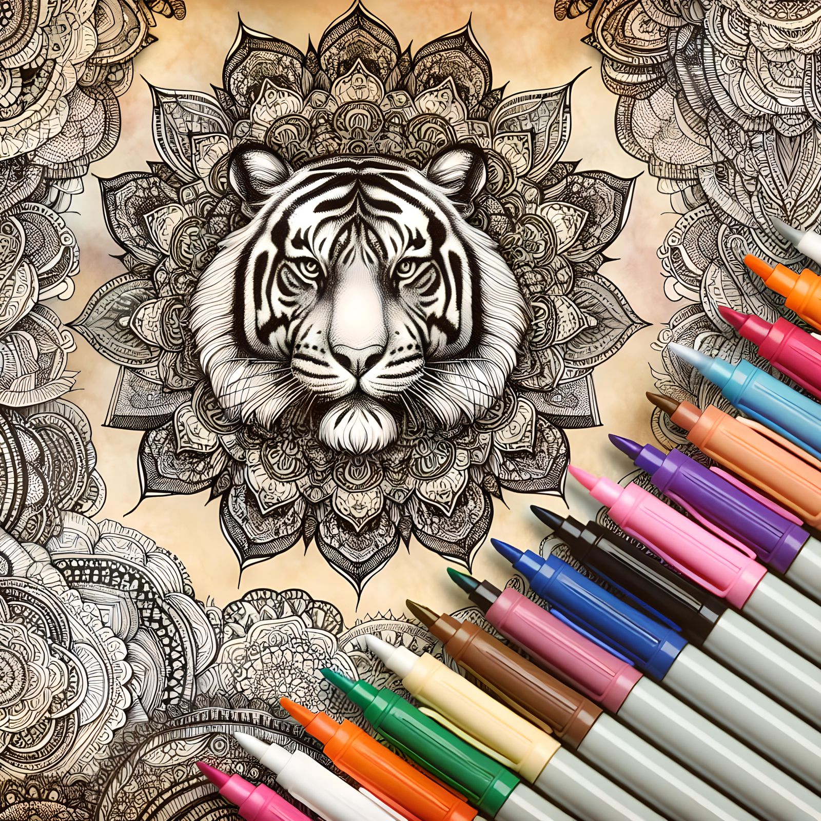 Tiger Mandala Coloring Page in Ethereal Style