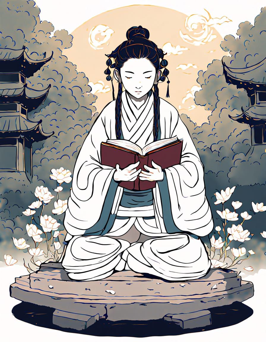 Marble Statue of Woman Reading Among Lotus Flowers