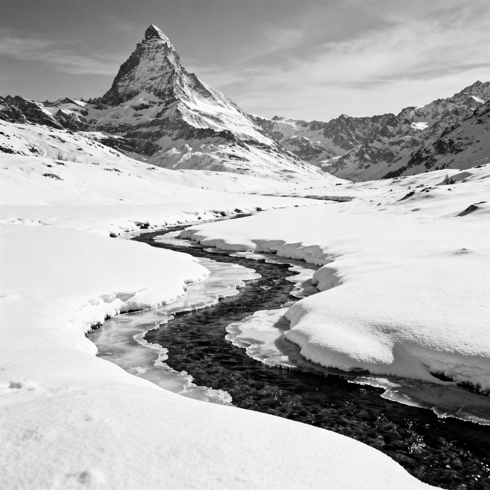 Snowy Mountain Landscape in Black and White
