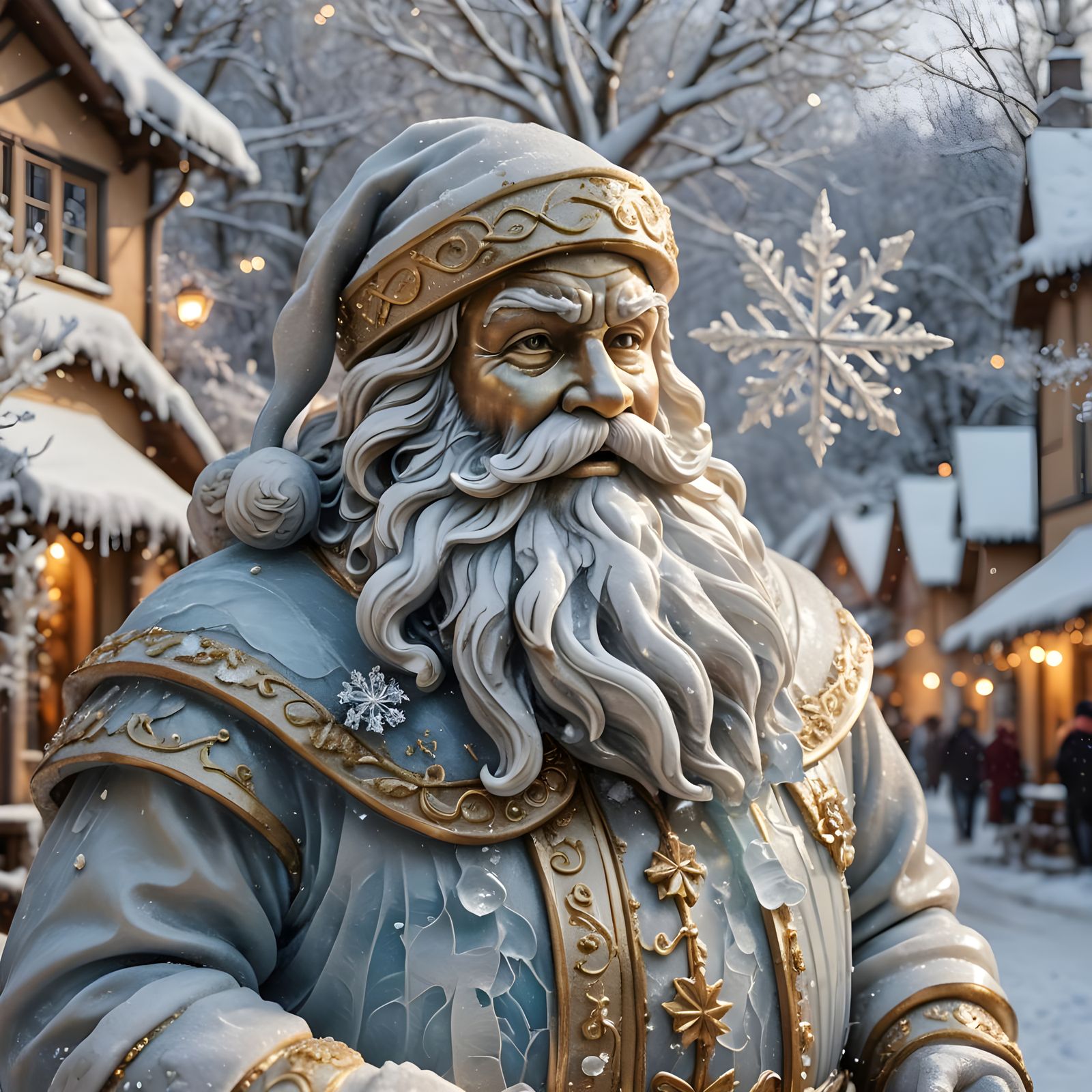 Sculpture of Santa in Snowy Village Square