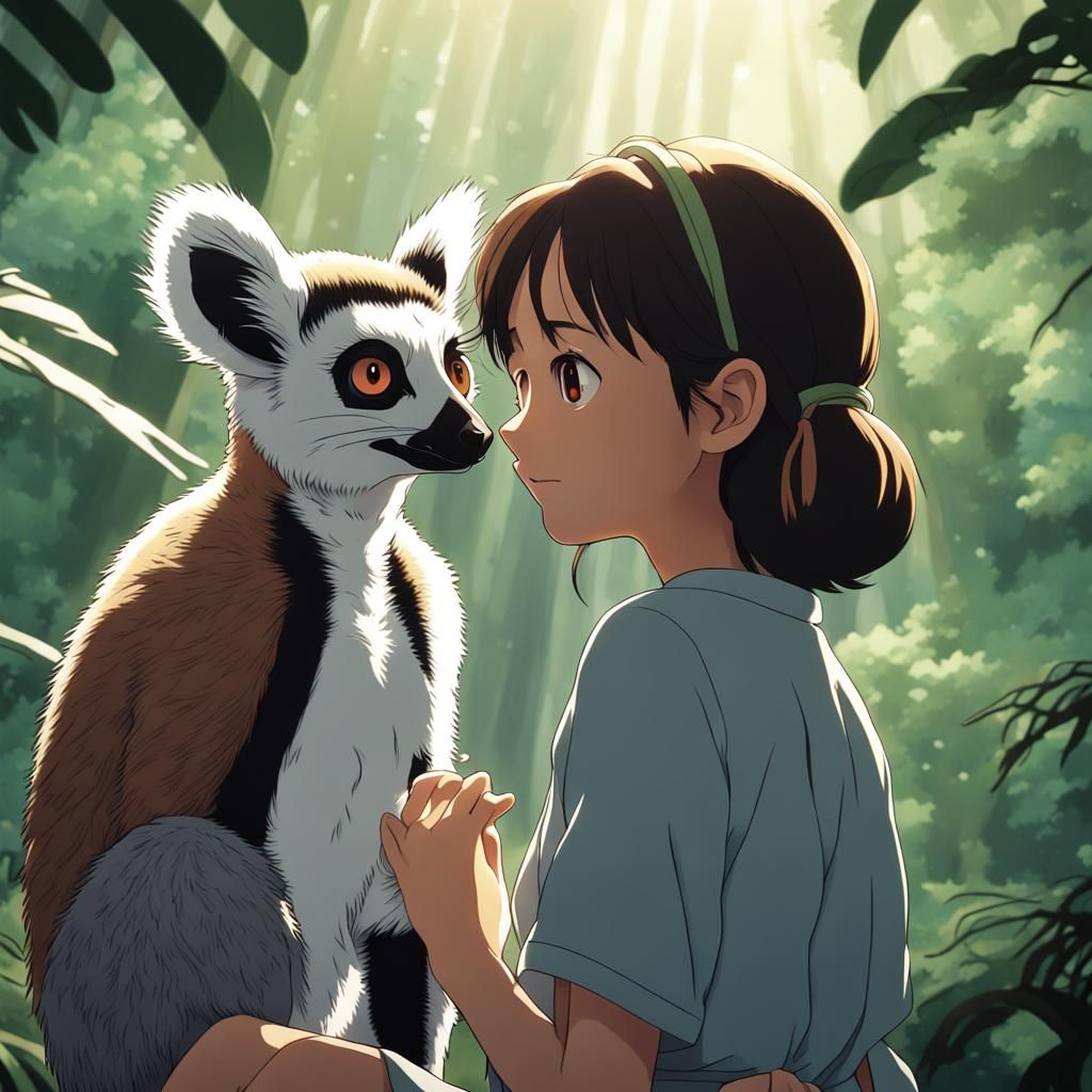 Girl with Ring-Tailed Lemur in Anime Style