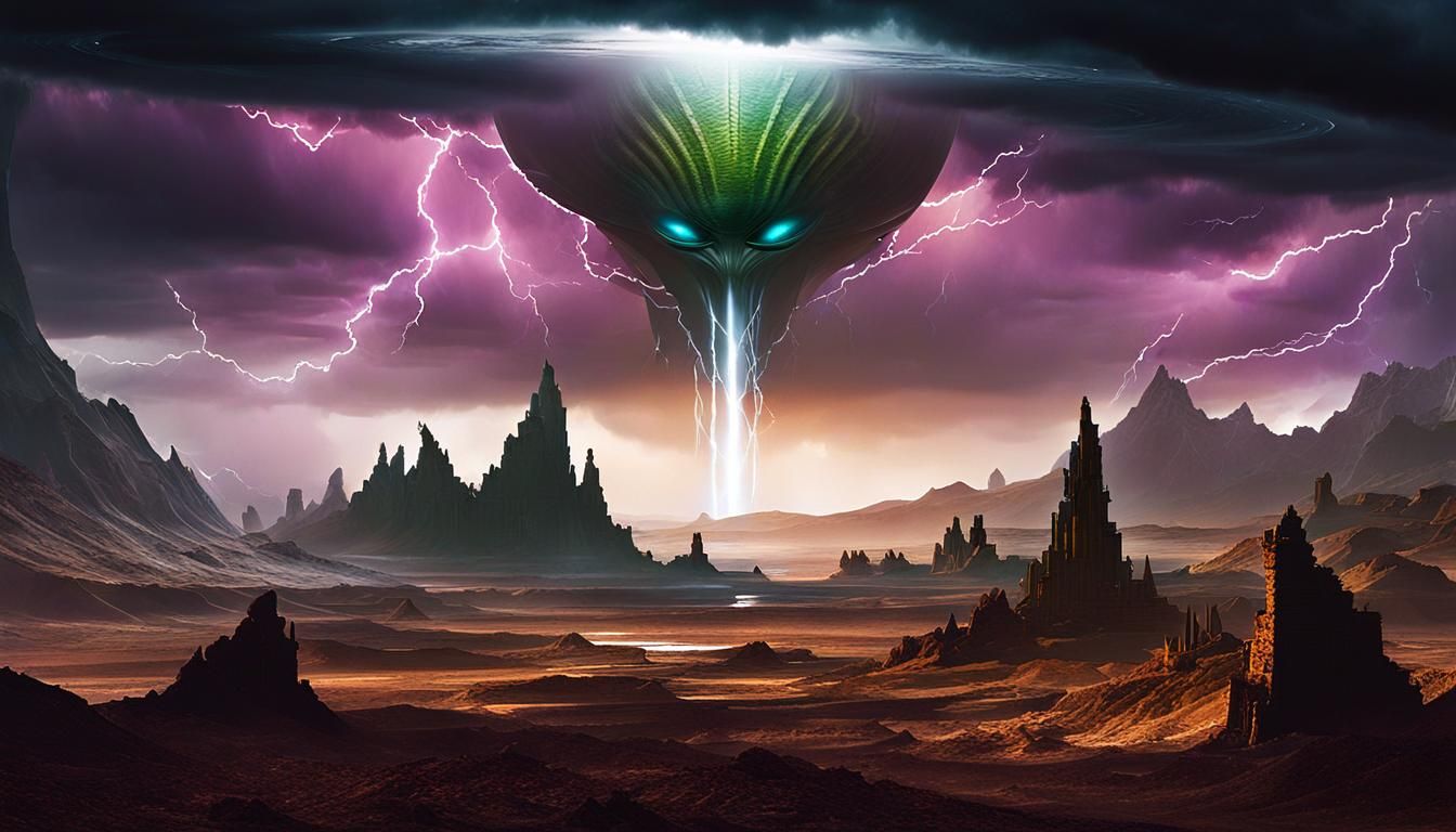 Eerie Alien Ruins Under Stormy Skies