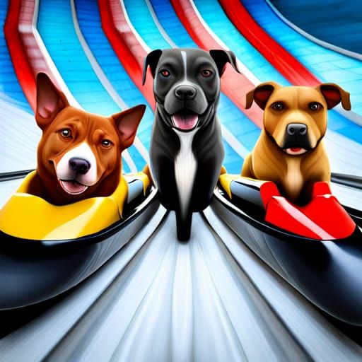 Three dogs in a bobsled. Photograph from the winter olympics. Olympic bobsled team featuring a rednose pitbull, a bicolo...