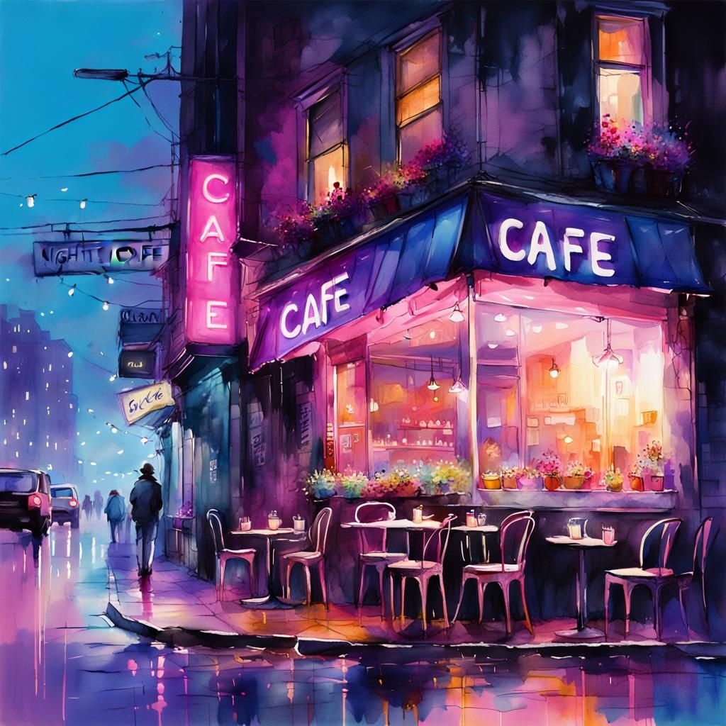 Neon City Cafe Watercolor Illustration