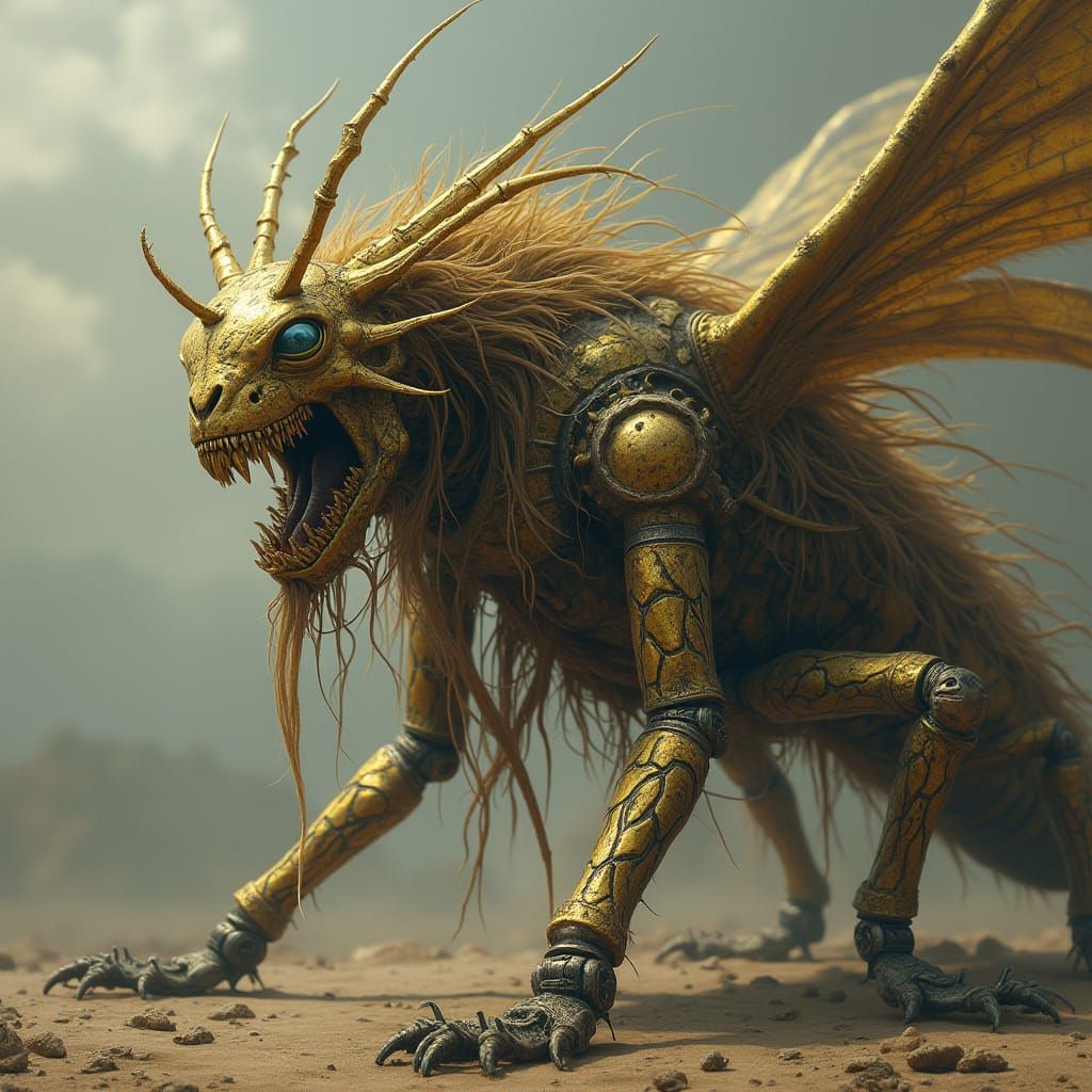 Biomechanical Locust with Alien Face and Feline Teeth, in Da...
