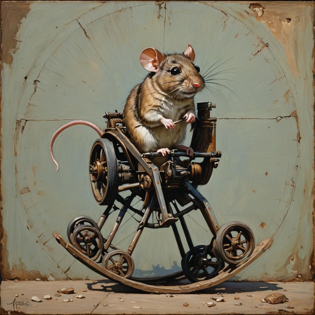 Mouse on Big Wheel, Oil Painting Style