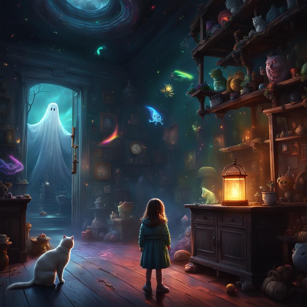 Terrifying Ghost and Rainbow Cat: Fantasy Concept Art