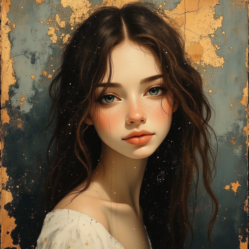 Aged Portrait of Woman with Wavy Hair in Pastel Hues