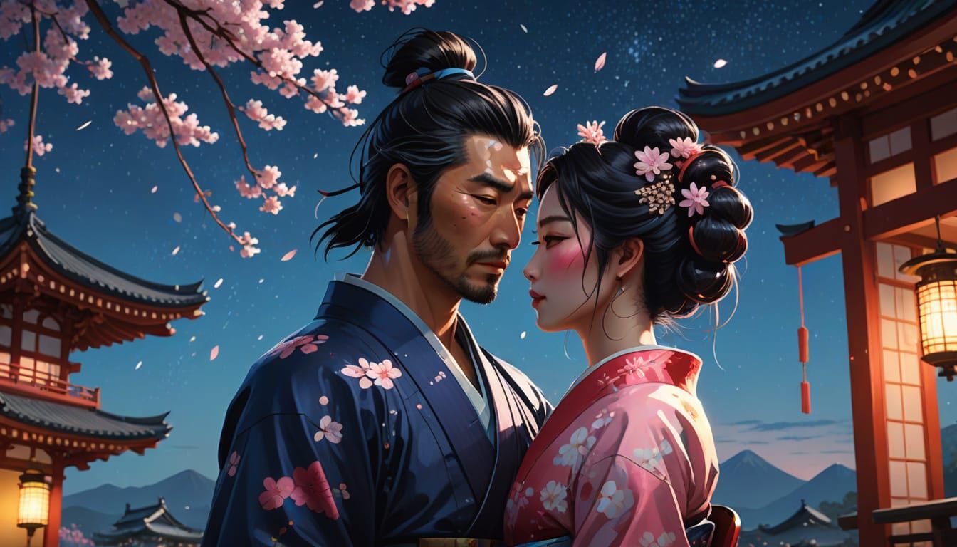 Samurai and Geisha Kiss Under Moonlight in Anime Style