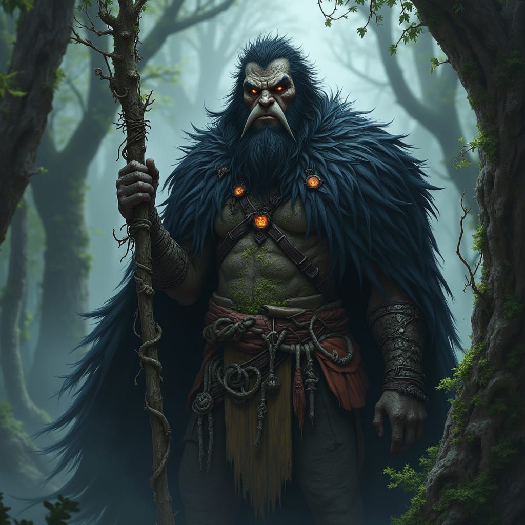 Half-Orc Druid in Twilight Forest, Epic Fantasy