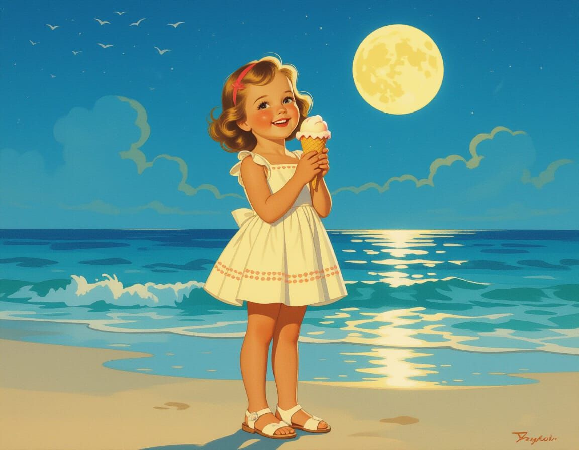 Little Girl with Ice Cream on Summer Night