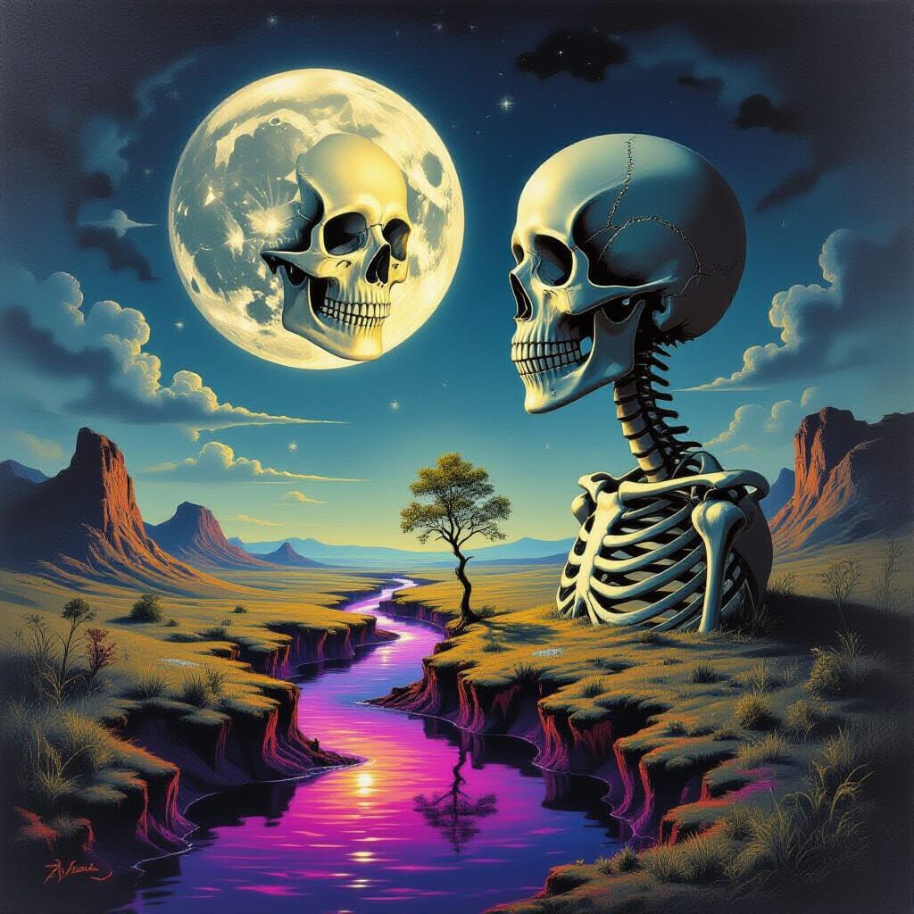 Surreal Skeleton Moon Dreamscape in Oil Painting Style