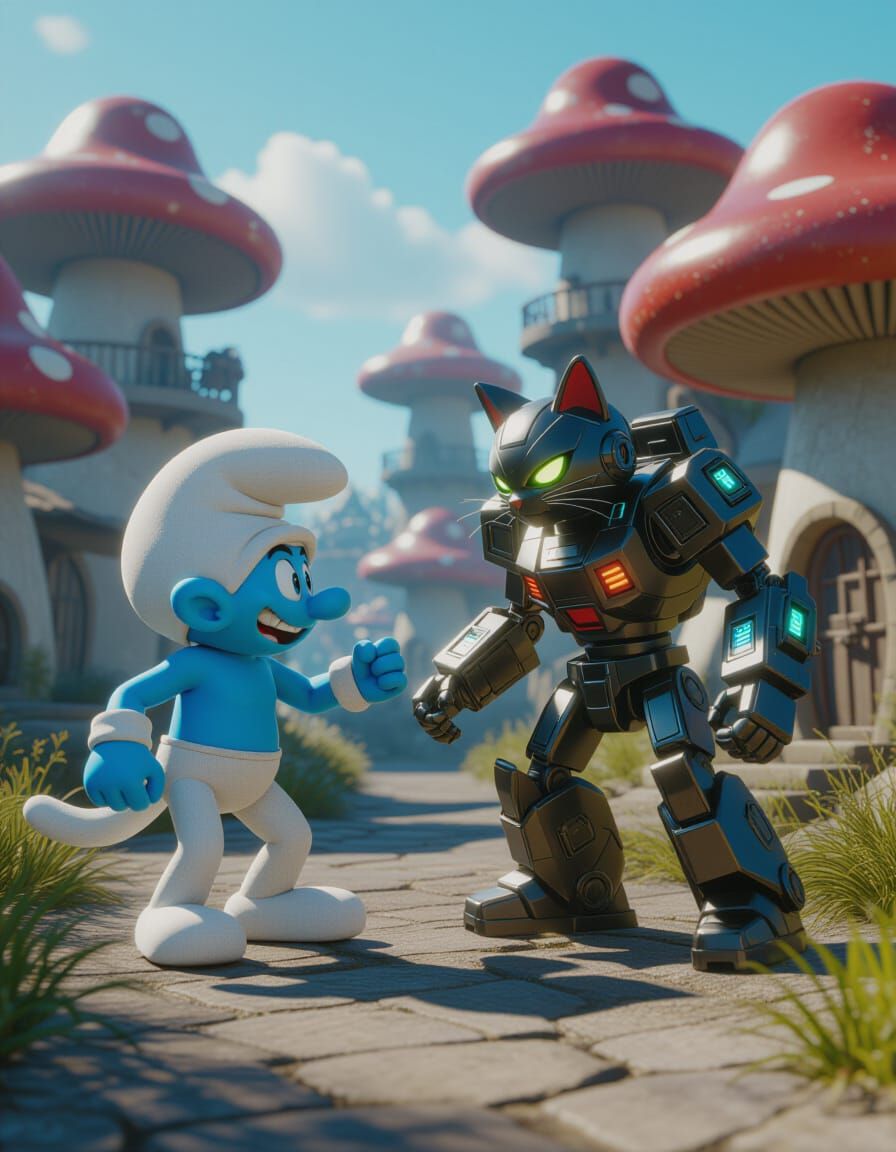 Transformer Smurf Battles Robotic Cat in Cyberpunk Village