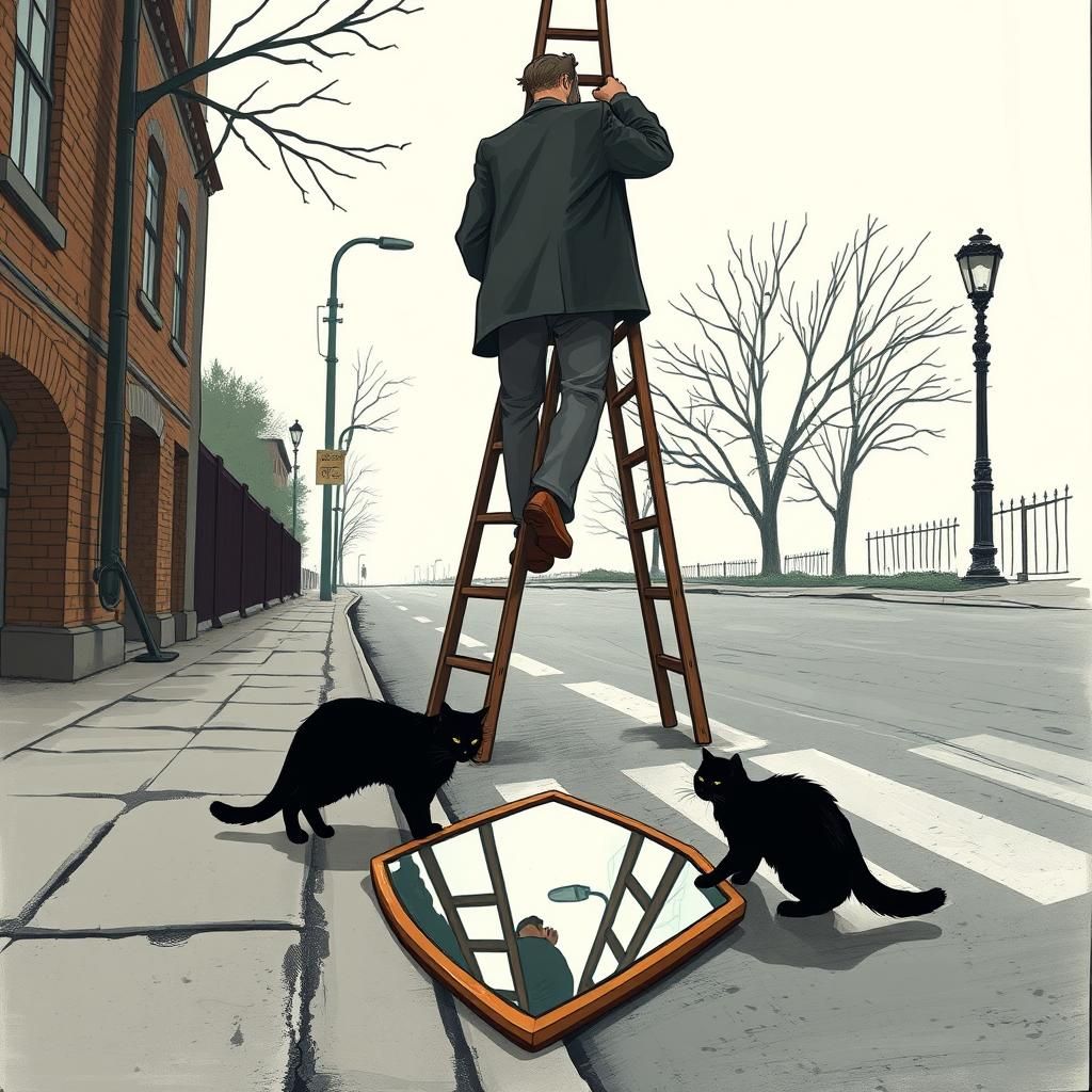 Unlucky Encounter: Ladder, Cat, and Broken Mirror