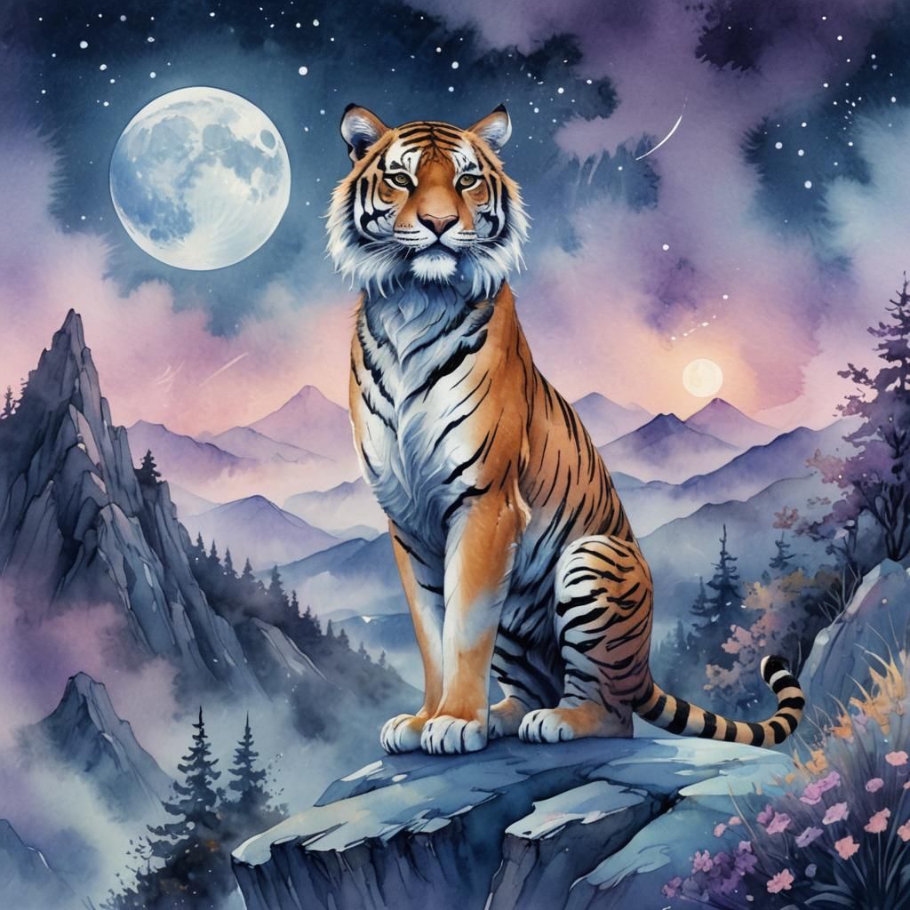Fairy Tiger Under Blue Moon in Watercolor Style