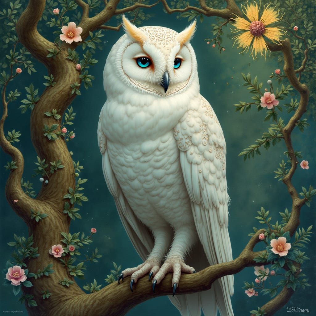 Elegant Owl in Art Nouveau Forest