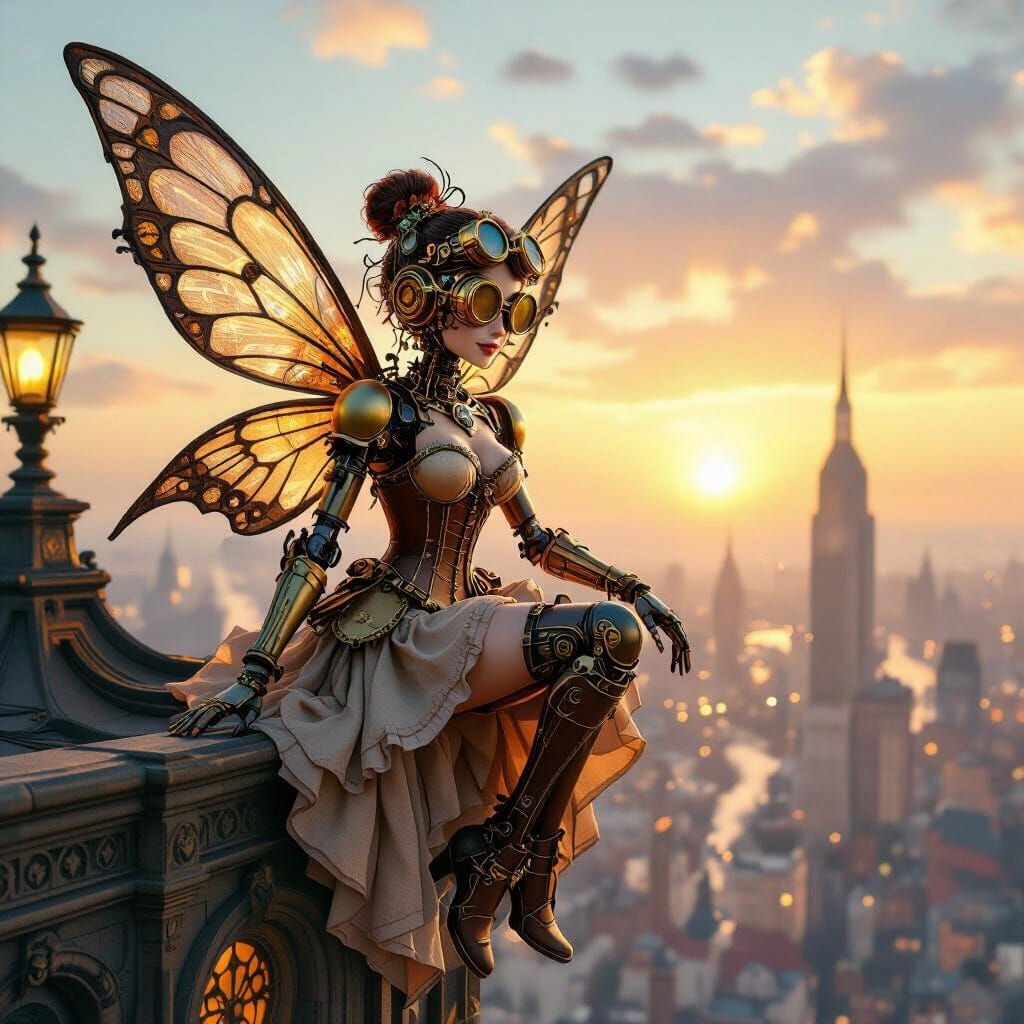 Steampunk Automaton Fairy Overlooking Victorian Cityscape