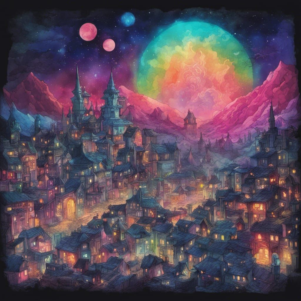 Elf City at Night: Cel-Shaded Fantasy Art