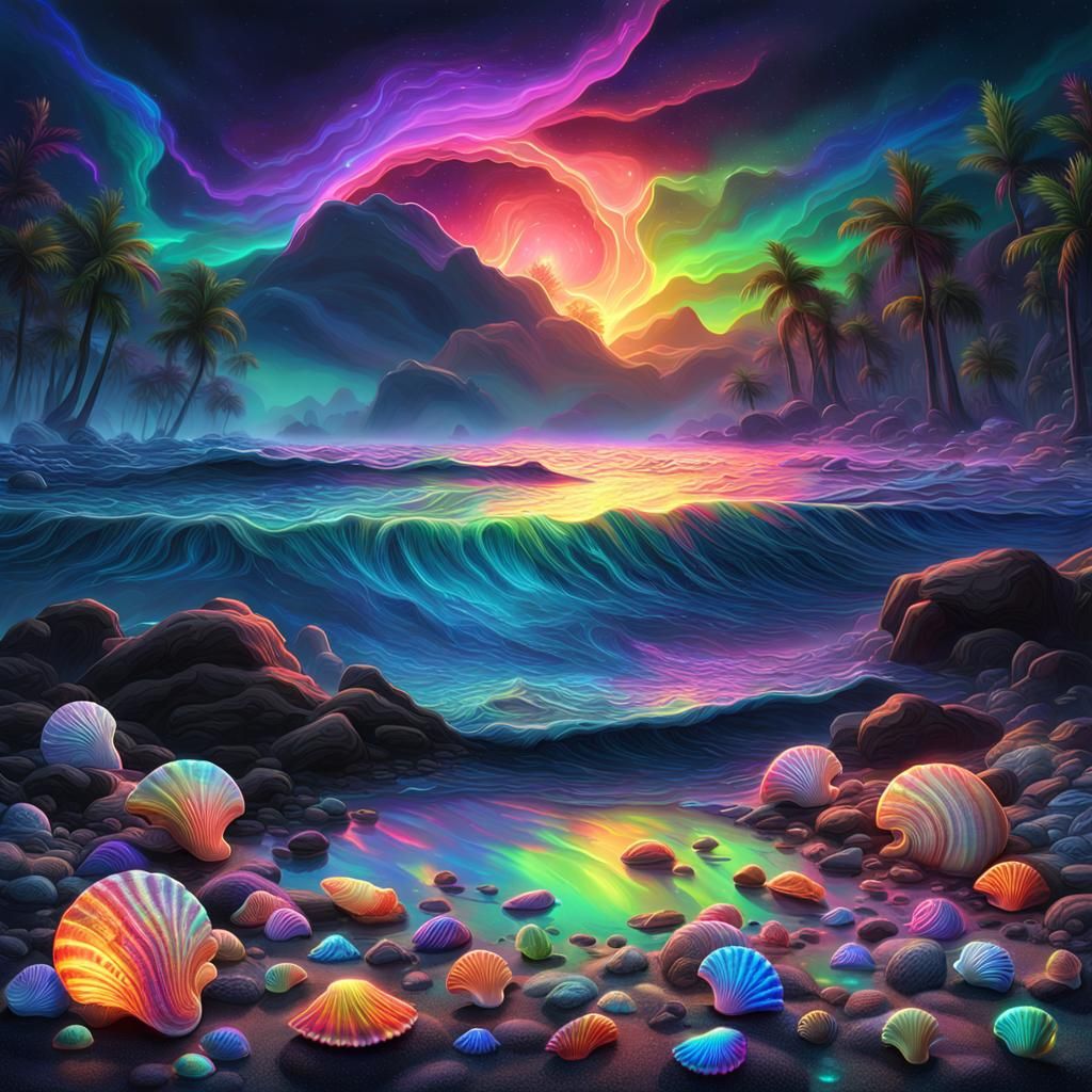 Iridescent Beach with Neon Aurora, Dark Fantasy Art