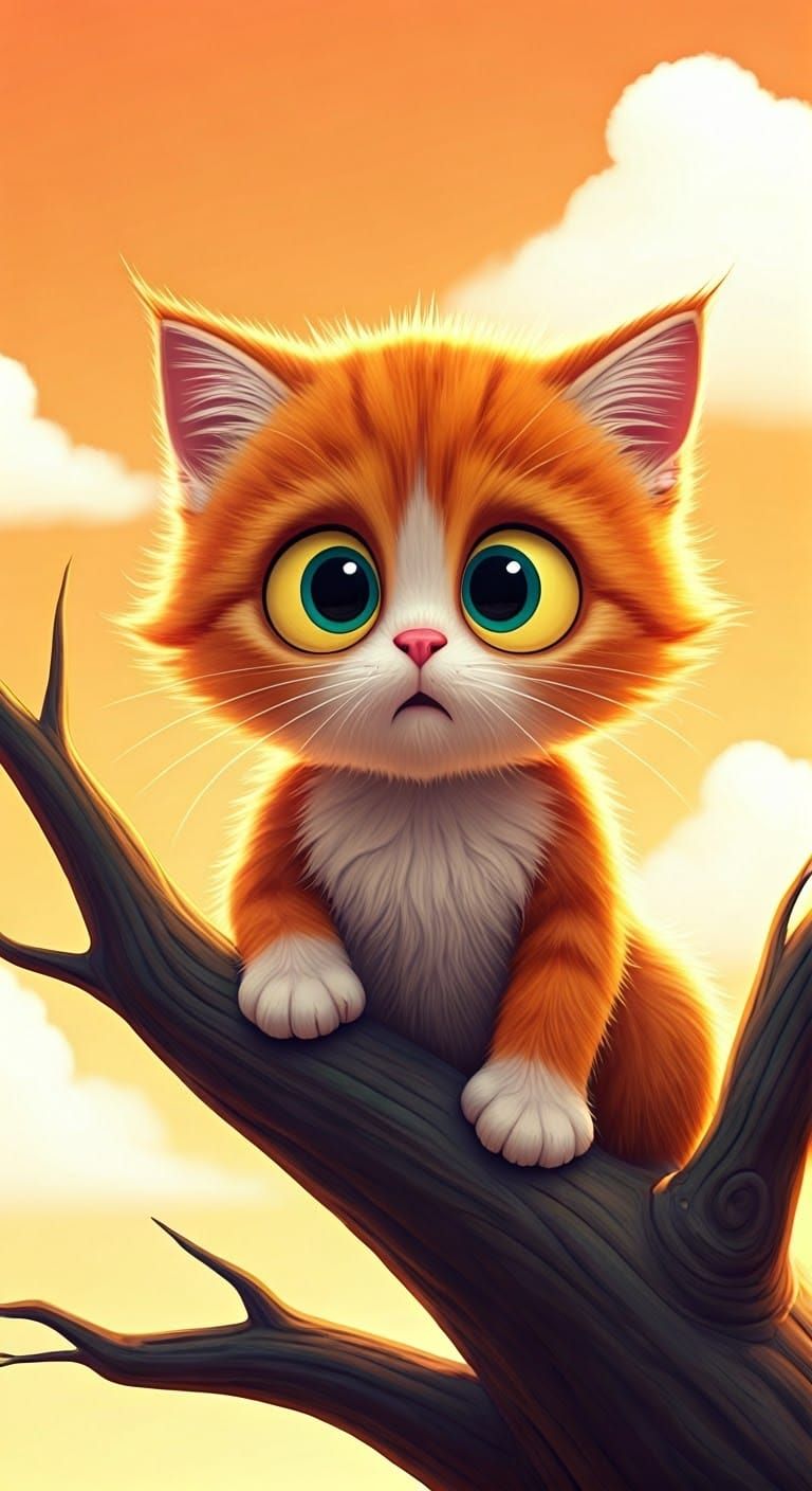 Cute cartoon fluffy kitten with big scared eyes hanging on a tree branch