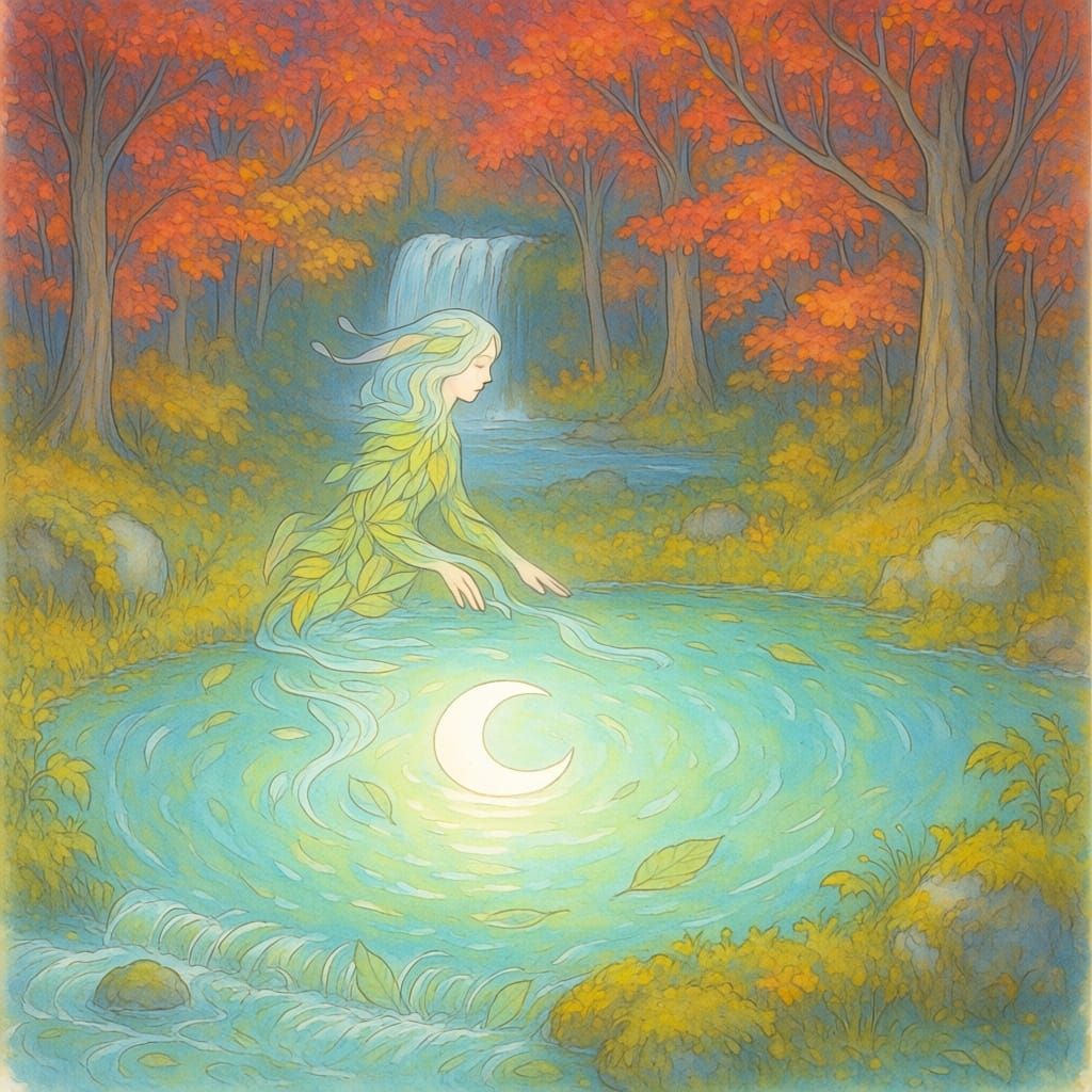 Ethereal Forest Spirit by Moonlit Pond in Watercolor Style