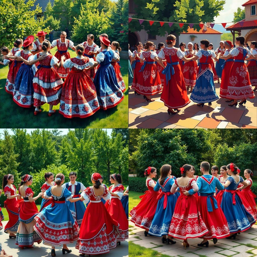 Croatian Folk Dance in Vibrant Red and Blue Costumes