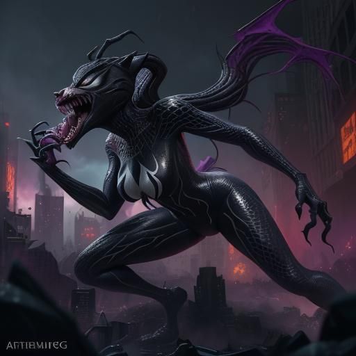 Spider-Gwen Venom Werewolf City Destruction: Fantasy Art